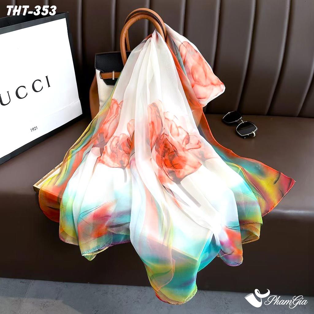 Góc Thẳng Khăn Choàng Tằm Họa Tiết Hoa Tulip Phối Nhiều Màu Thanh Lịch