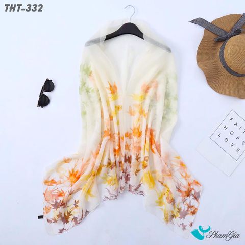 Khăn Choàng Tằm Họa Tiết Lá Phong Màu Vàng Kem Nhẹ Nhàng