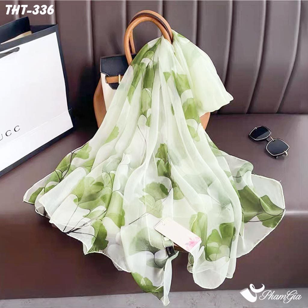 Góc Thẳng Khăn Choàng Tằm Họa Tiết Lá Rẻ Quạt Màu Xanh Bạc Hà Thanh Lịch
