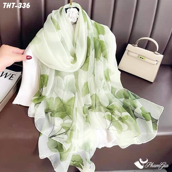 Khăn Choàng Tằm Họa Tiết Lá Rẻ Quạt Màu Xanh Bạc Hà Thanh Lịch (THT336)