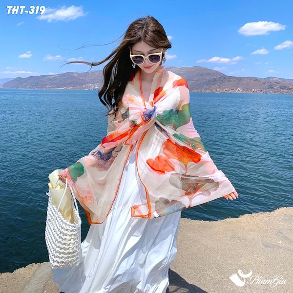 Khăn Choàng Tằm Họa Tiết Lá Rẻ Quạt Phối Màu Cam Xanh Nổi Bật (THT319)