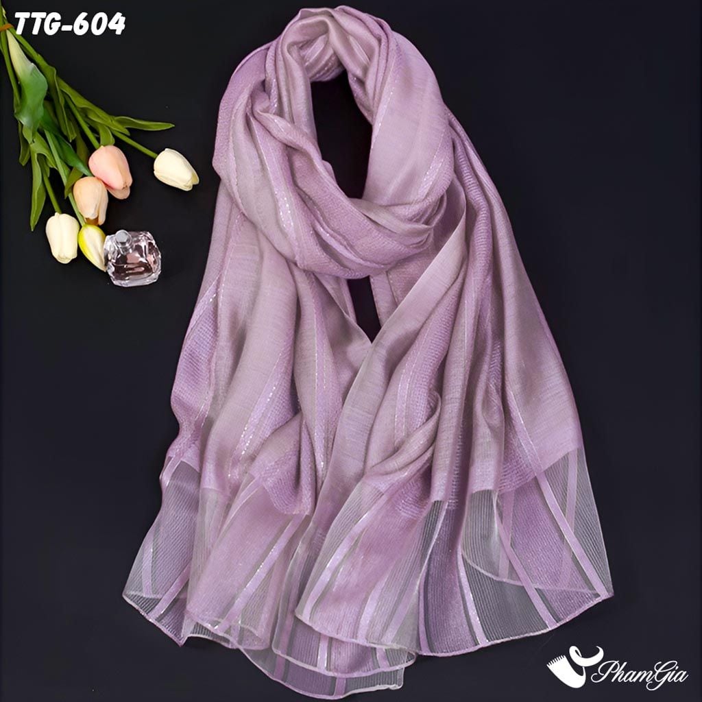 Cận Cảnh Khăn Choàng Tơ Tằm Gân Cao Cấp Phối Sọc Hiện Đại Hồng Nho