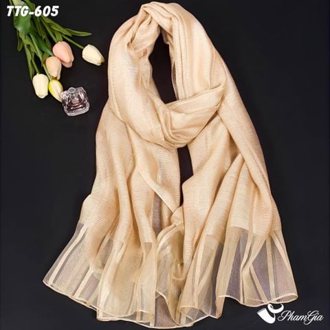 Góc Trên Khăn Choàng Tơ Tằm Gân Cao Cấp Phối Sọc Hiện Đại Màu Beige