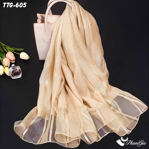 Khăn Choàng Tơ Tằm Gân Cao Cấp Phối Sọc Hiện Đại Màu Beige (TTG605)