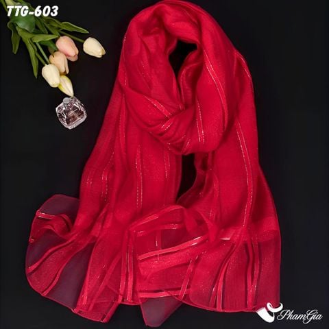 Góc Trên Khăn Choàng Tơ Tằm Gân Cao Cấp Phối Sọc Hiện Đại Màu Đỏ Tulip