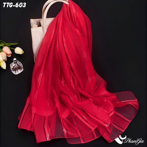 Khăn Choàng Tơ Tằm Gân Cao Cấp Phối Sọc Hiện Đại Màu Đỏ Tulip (TTG603)