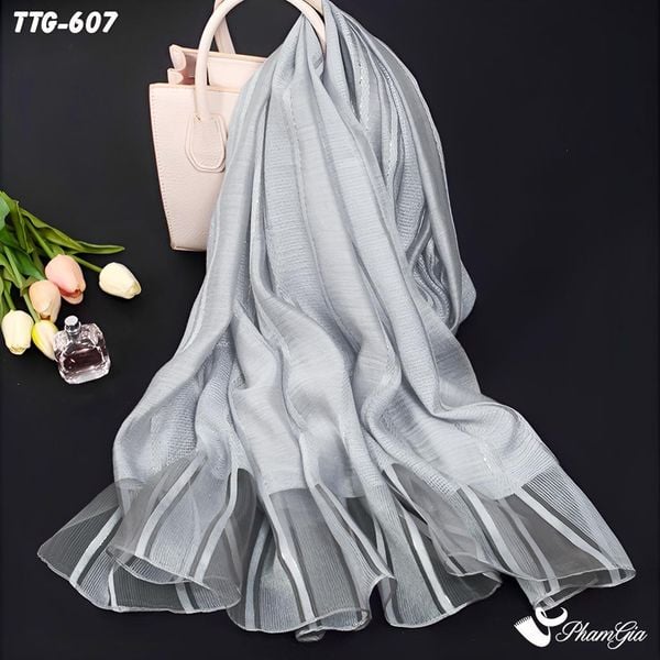 Khăn Choàng Tơ Tằm Gân Cao Cấp Phối Sọc Hiện Đại Màu Xám Khói (TTG607)