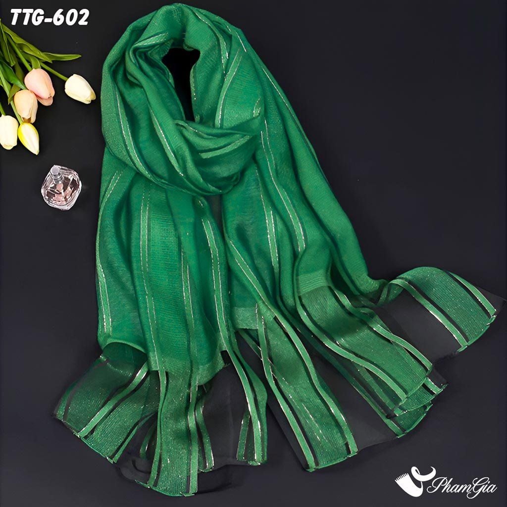 Góc Trên Khăn Choàng Tơ Tằm Gân Cao Cấp Phối Sọc Hiện Đại Màu Xanh Két
