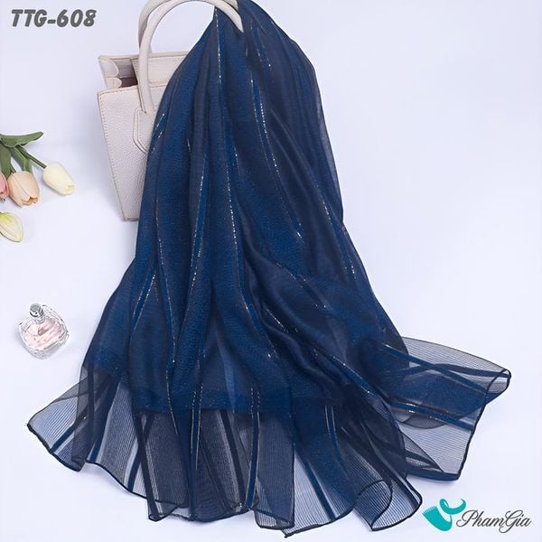 Khăn Choàng Tơ Tằm Gân Cao Cấp Phối Sọc Hiện Đại Màu Xanh Than (TTG608)