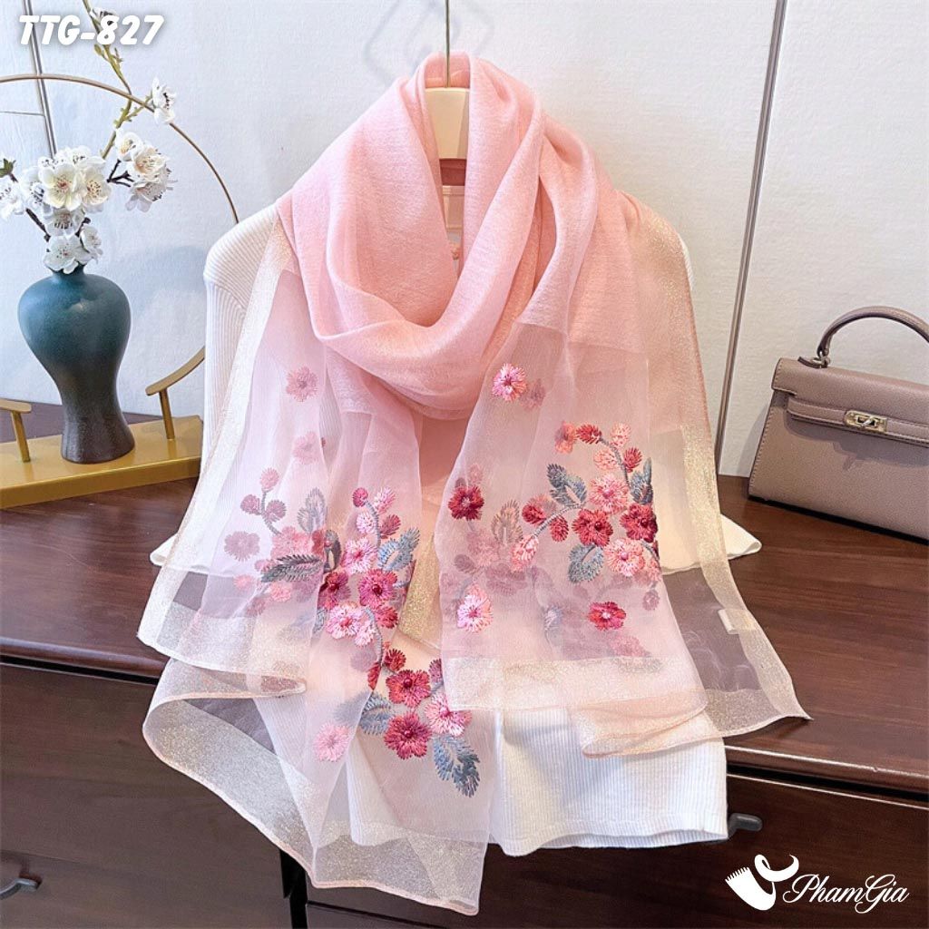 Khăn Choàng Tơ Tằm Gân Cao Cấp Thêu Hoa Cúc Màu Hồng Dâu (TTG827)