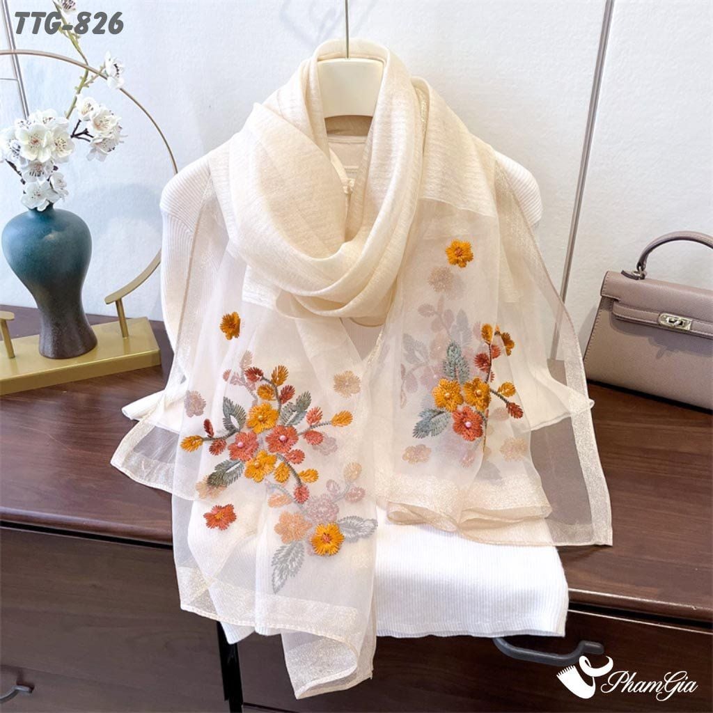 Khăn Choàng Tơ Tằm Gân Cao Cấp Thêu Hoa Cúc Màu Sâm Panh (TTG826)