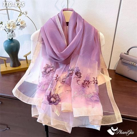 Khăn Choàng Tơ Tằm Gân Cao Cấp Thêu Hoa Sen Màu Tím Nho Sang Trọng (TTG835)