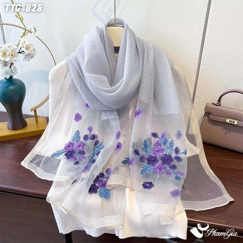 Khăn Choàng Tơ Tằm Gân Cao Cấp Thêu Hoa Cúc Màu Xám Khói (TTG828)