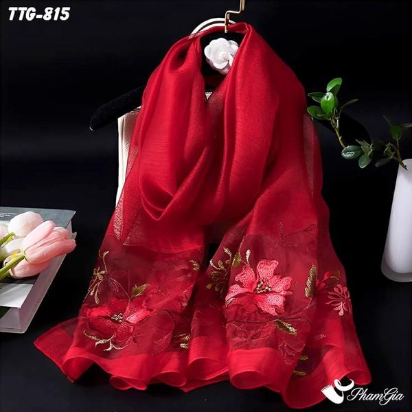 Khăn Choàng Tơ Tằm Gân Cao Cấp Thêu Hoa Mộc Lan Màu Đỏ Sang Trọng (TTG815)