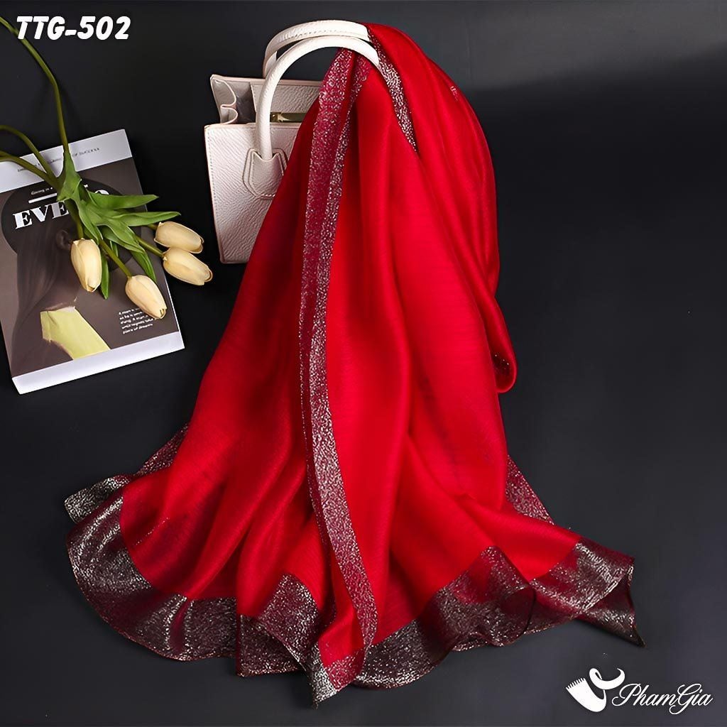 Khăn Choàng Tơ Tằm Gân Đỏ Tươi Phong Cách Minimalism Cao Cấp