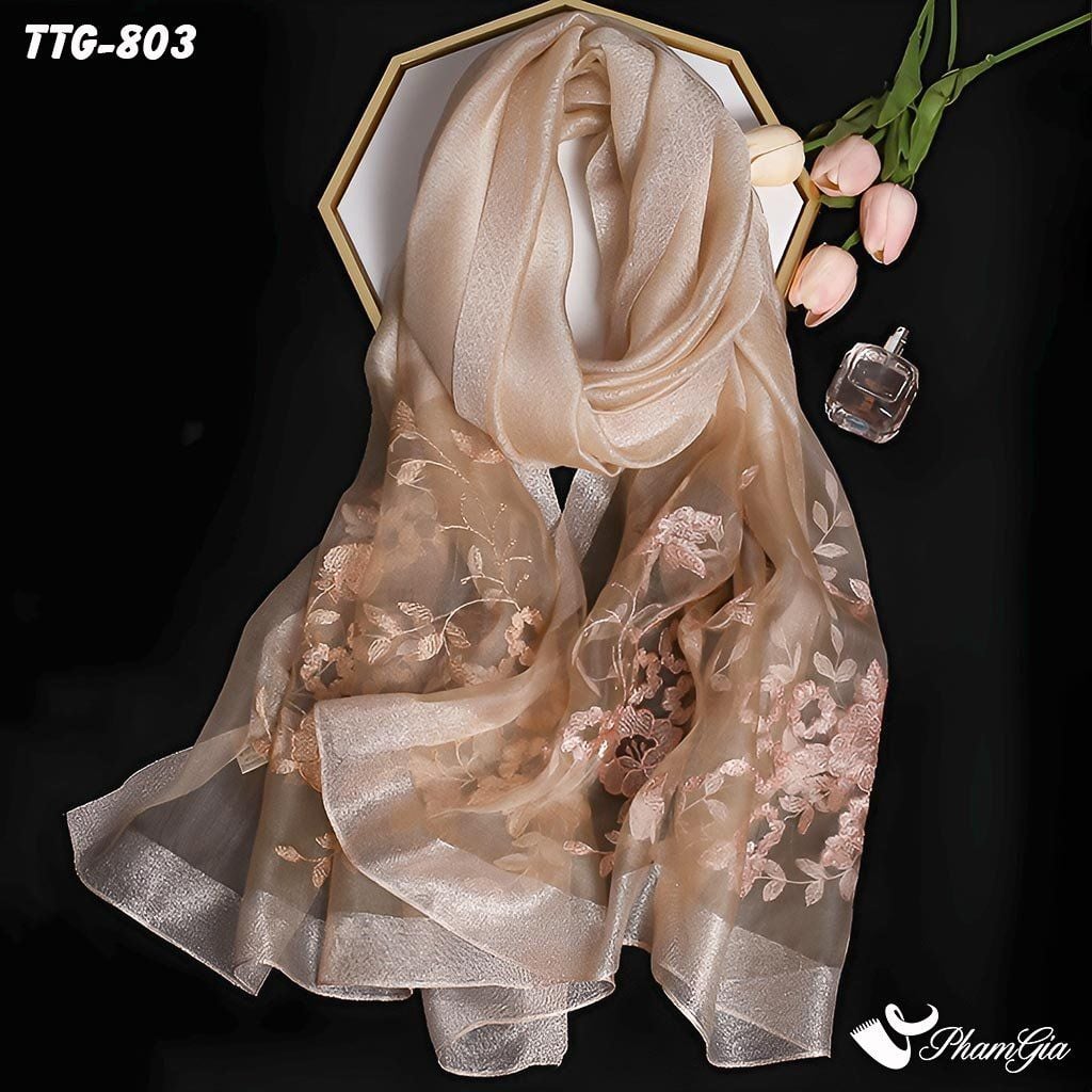 Góc Trên Khăn Choàng Tơ Tằm Gân Thêu Hoa Hải Quỳ Cao Cấp Màu Beige