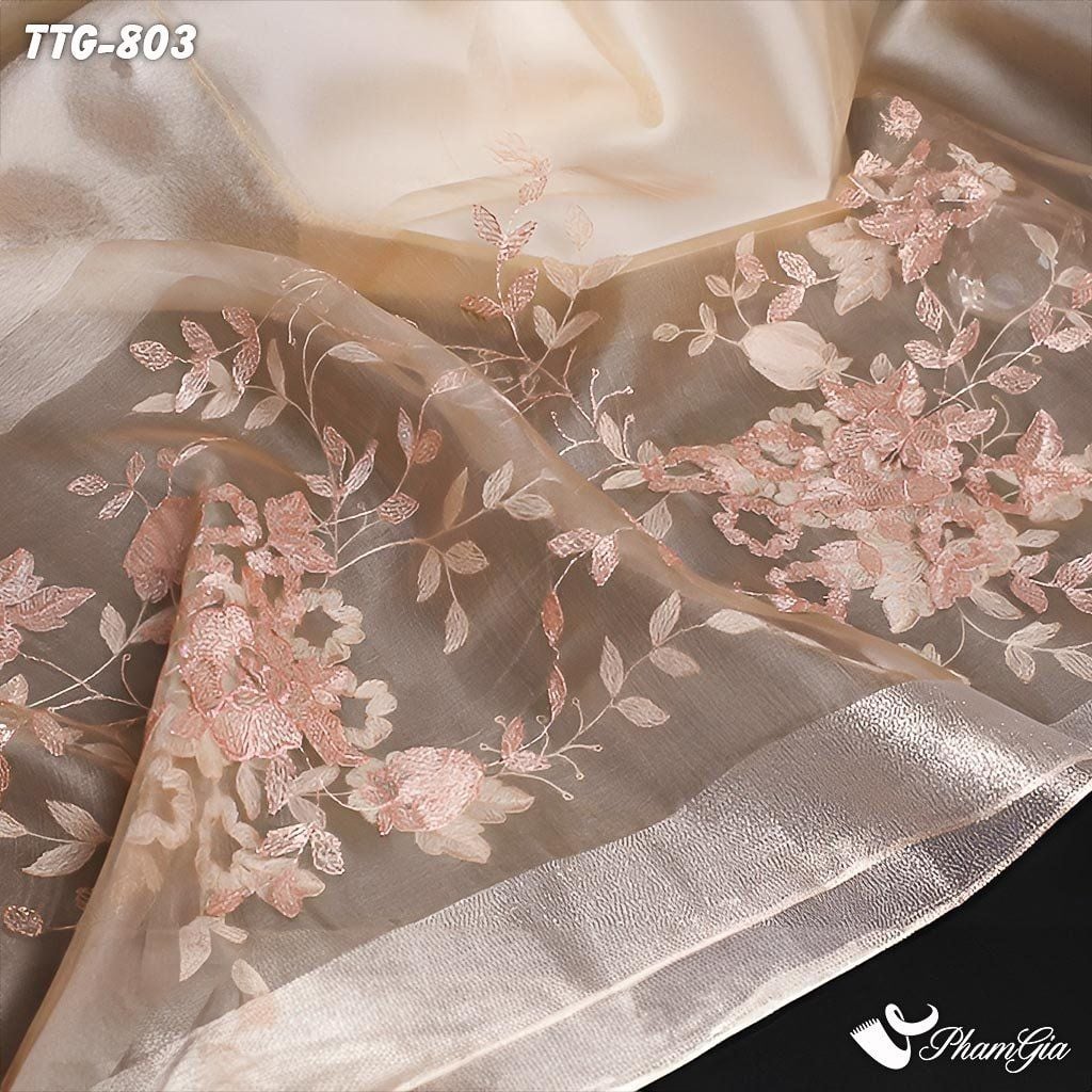 Cận Cảnh Khăn Choàng Tơ Tằm Gân Thêu Hoa Hải Quỳ Cao Cấp Màu Beige