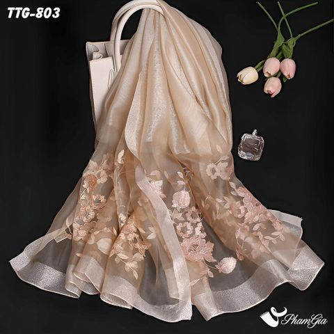 Khăn Choàng Tơ Tằm Gân Thêu Hoa Hải Quỳ Cao Cấp Màu Beige