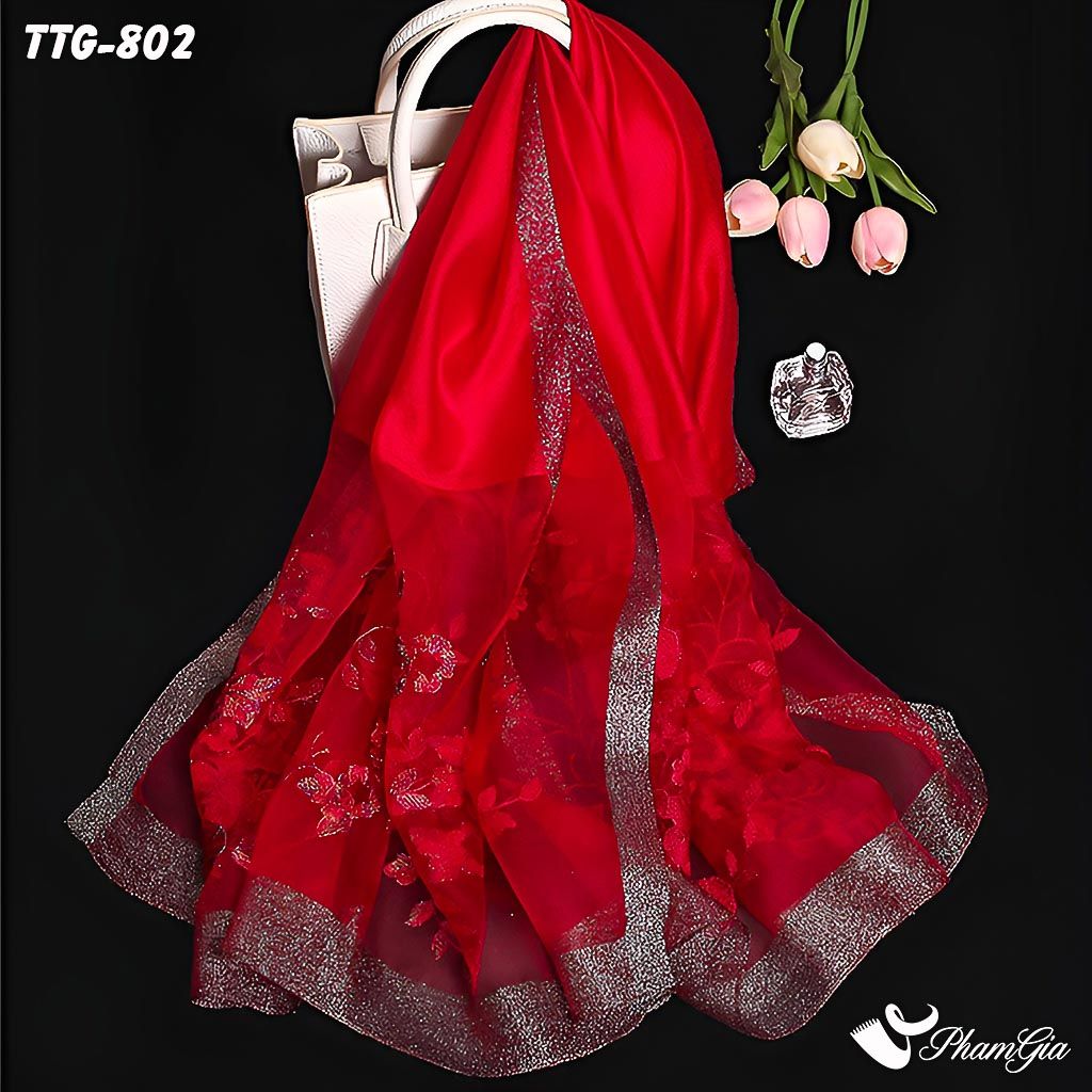Khăn Choàng Tơ Tằm Gân Thêu Hoa Hải Quỳ Cao Cấp Màu Đỏ Cherry