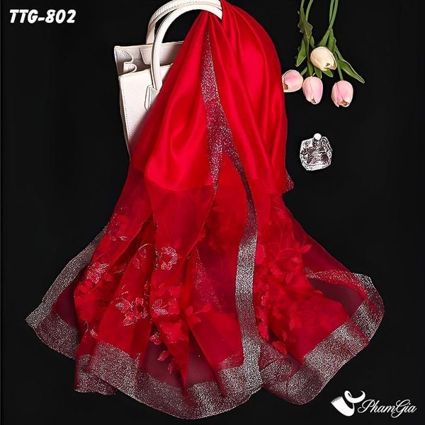 Khăn Choàng Tơ Tằm Gân Thêu Hoa Hải Quỳ Cao Cấp Màu Đỏ Cherry (TTG802)