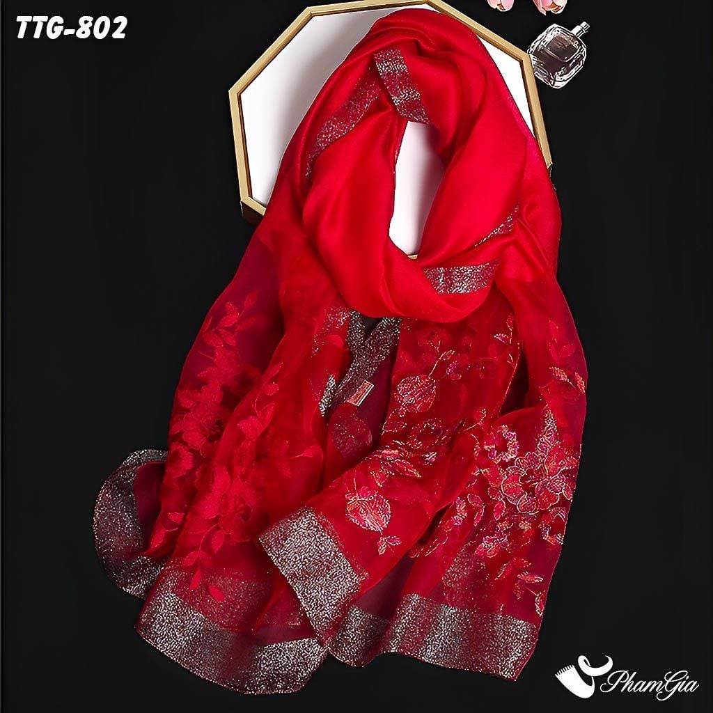 Góc Trên Khăn Choàng Tơ Tằm Gân Thêu Hoa Hải Quỳ Cao Cấp Màu Đỏ Cherry