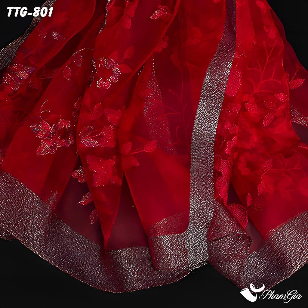 Góc Thẳng Khăn Choàng Tơ Tằm Gân Thêu Hoa Hải Quỳ Cao Cấp Màu Đỏ Đô