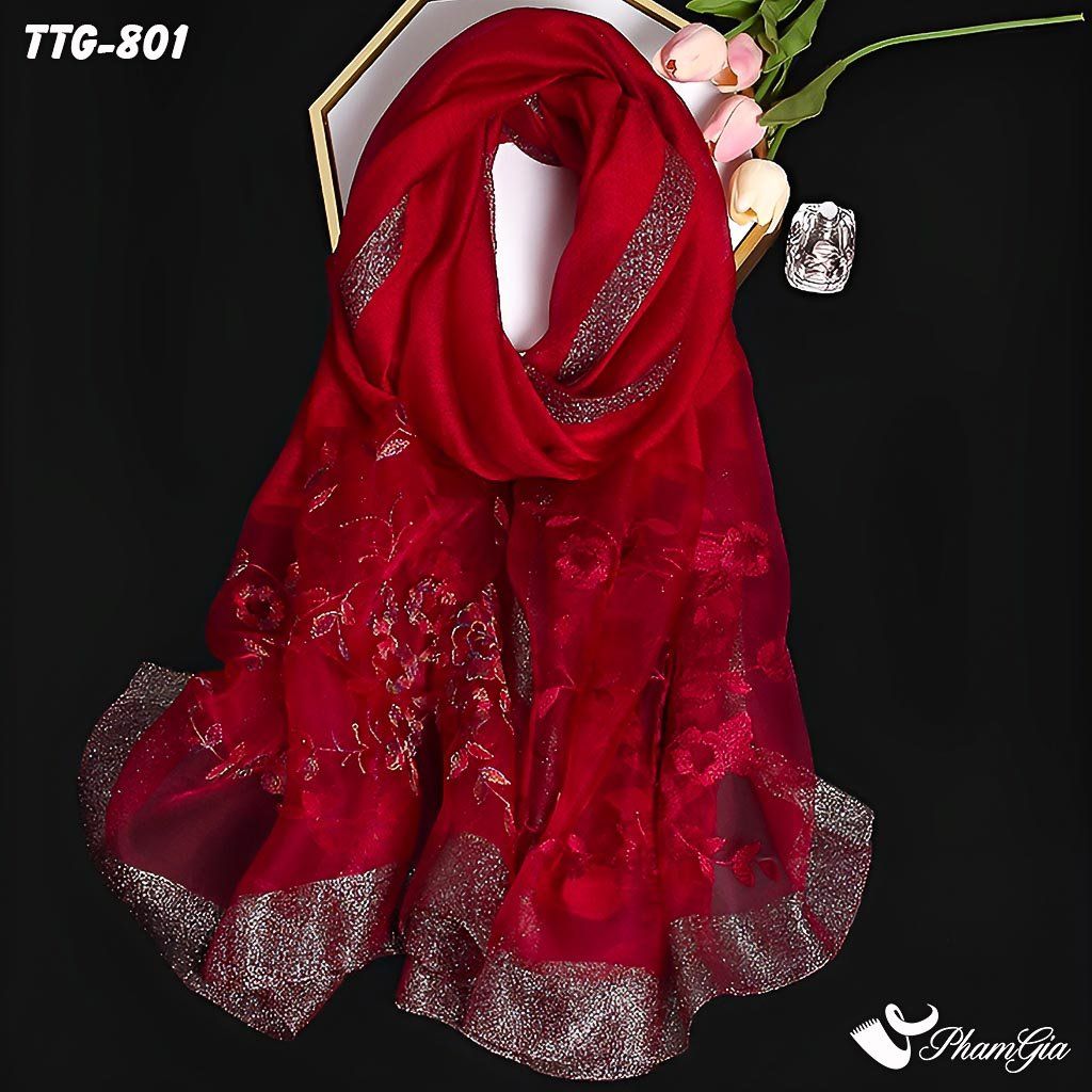 Góc Trên Khăn Choàng Tơ Tằm Gân Thêu Hoa Hải Quỳ Cao Cấp Màu Đỏ Đô