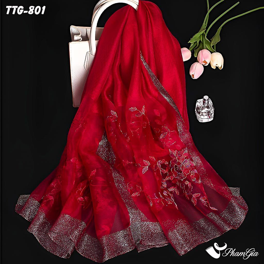 Khăn Choàng Tơ Tằm Gân Thêu Hoa Hải Quỳ Cao Cấp Màu Đỏ Đô