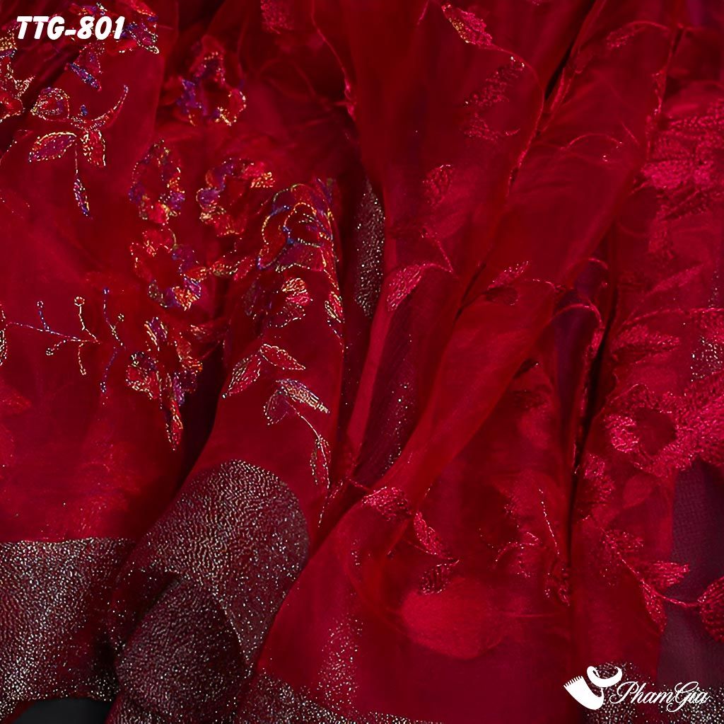 Cận Cảnh Khăn Choàng Tơ Tằm Gân Thêu Hoa Hải Quỳ Cao Cấp Màu Đỏ Đô