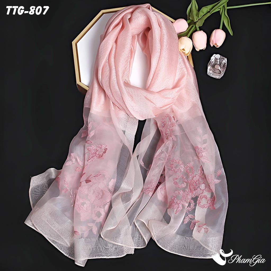 Góc Trên Khăn Choàng Tơ Tằm Gân Thêu Hoa Hải Quỳ Cao Cấp Màu Hồng Dâu