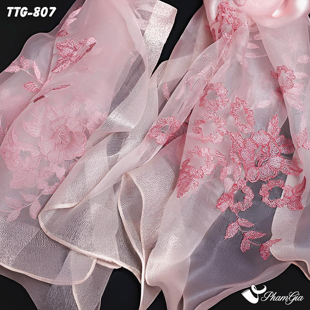 Cận Cảnh Khăn Choàng Tơ Tằm Gân Thêu Hoa Hải Quỳ Cao Cấp Màu Hồng Dâu