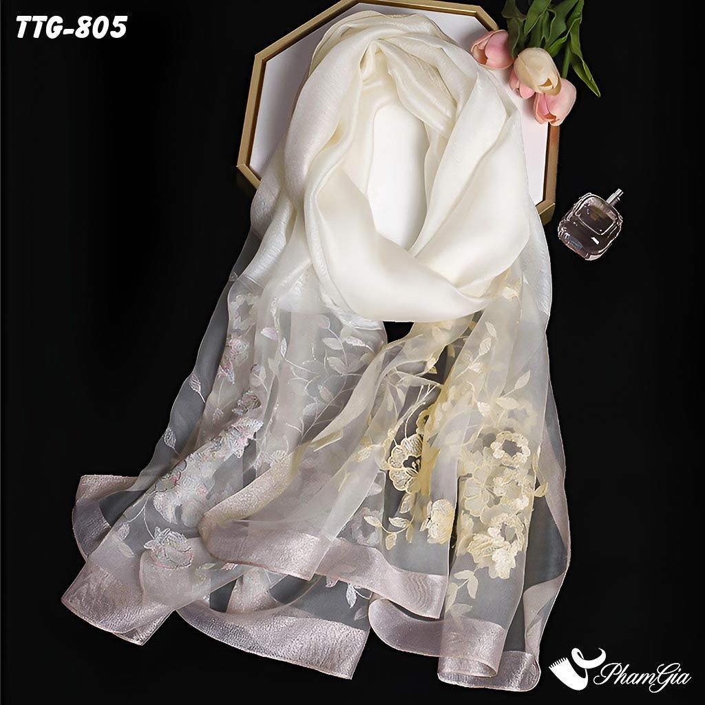 Góc Trên Khăn Choàng Tơ Tằm Gân Thêu Hoa Hải Quỳ Cao Cấp Màu Trắng