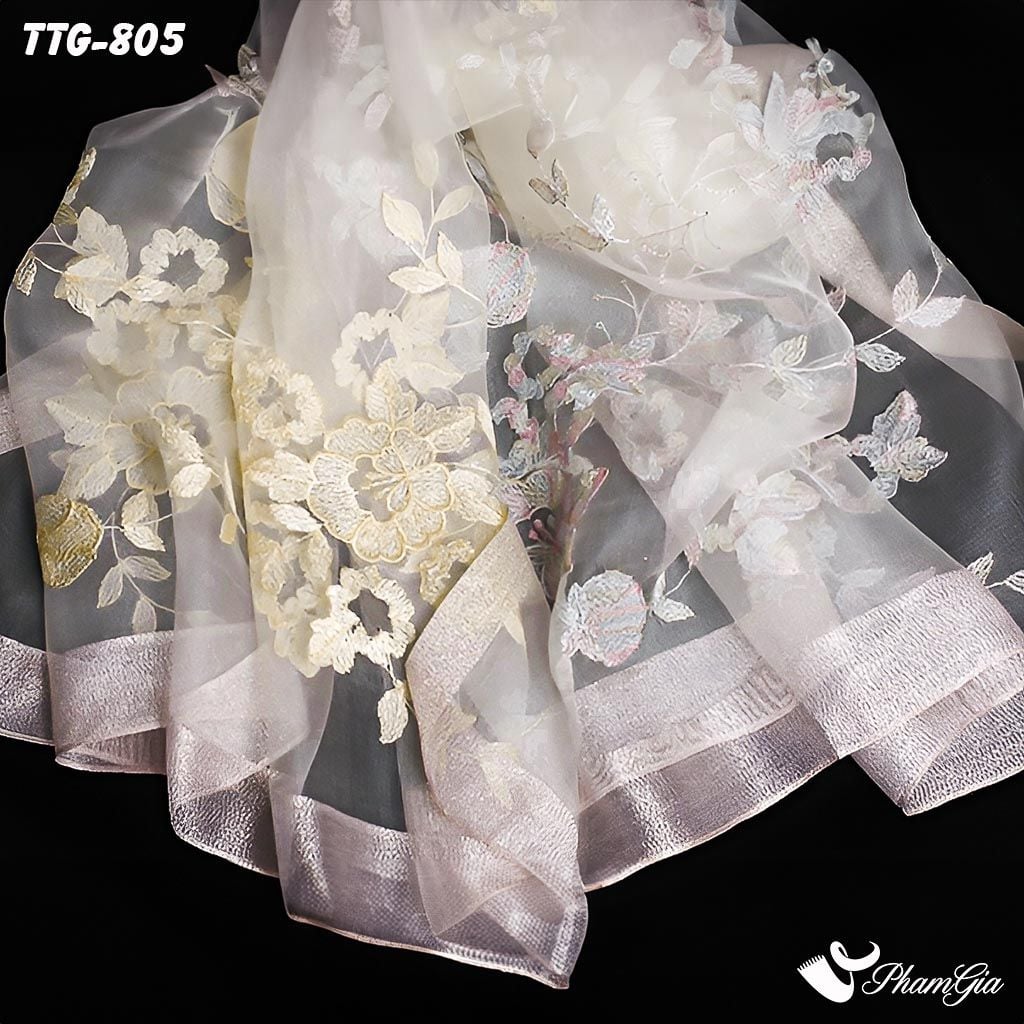 Họa Tiết Khăn Choàng Tơ Tằm Gân Thêu Hoa Hải Quỳ Cao Cấp Màu Trắng