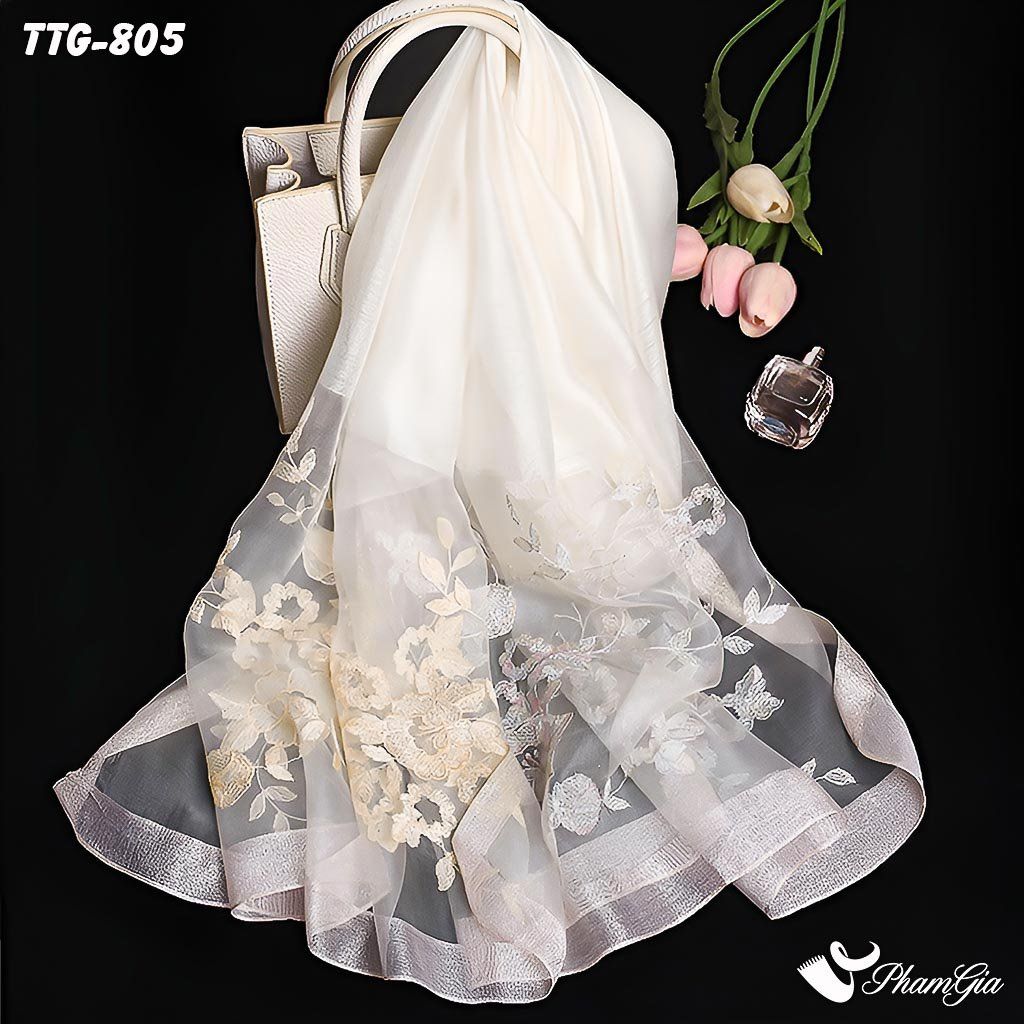 Khăn Choàng Tơ Tằm Gân Thêu Hoa Hải Quỳ Cao Cấp Màu Trắng