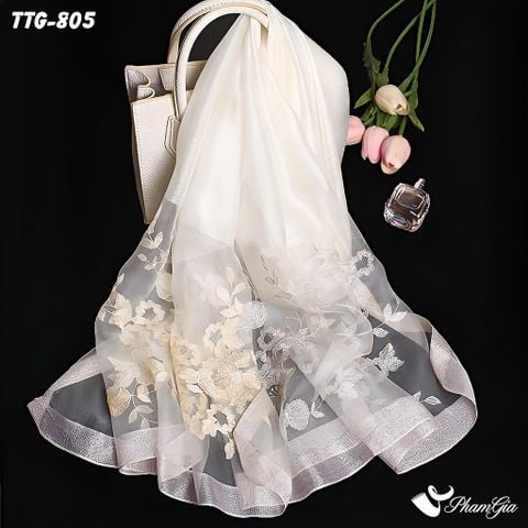 Khăn Choàng Tơ Tằm Gân Thêu Hoa Hải Quỳ Cao Cấp Màu Trắng