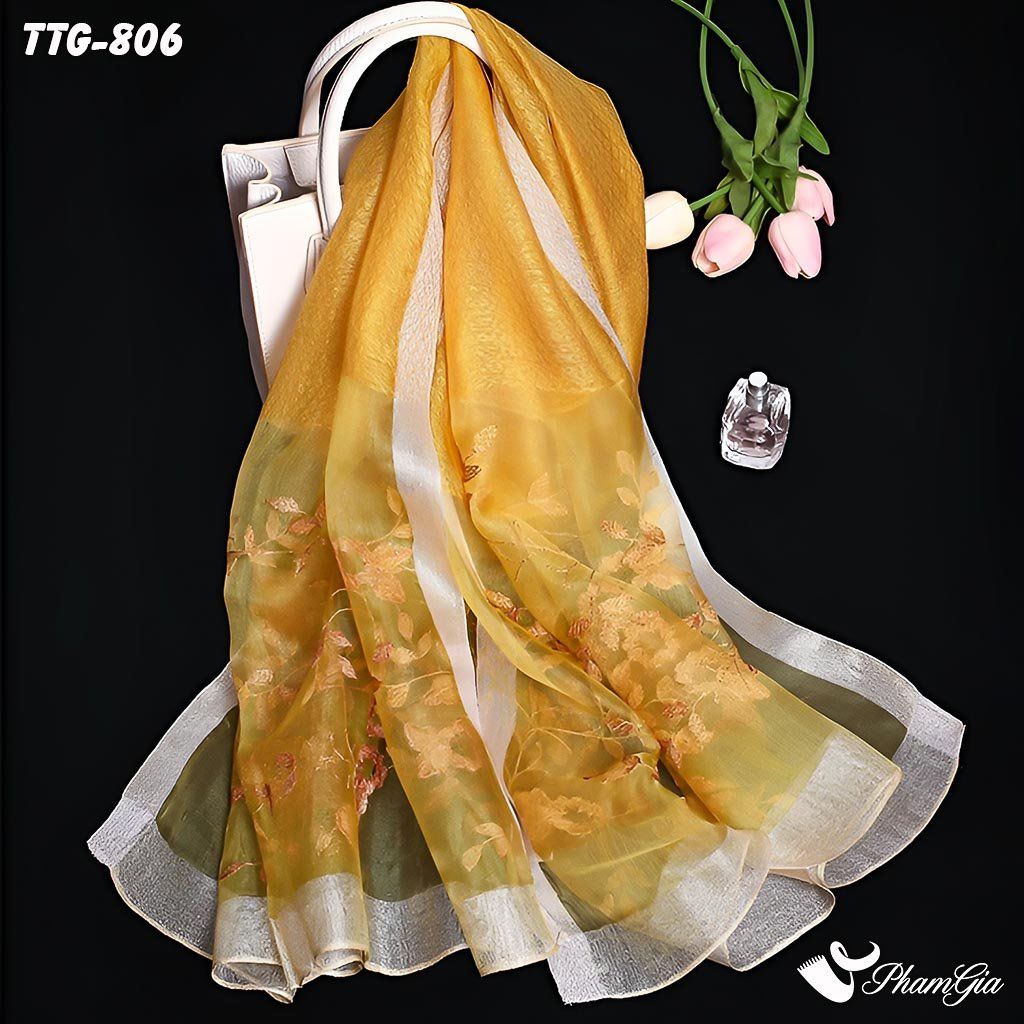 Khăn Choàng Tơ Tằm Gân Thêu Hoa Hải Quỳ Cao Cấp Màu Vàng