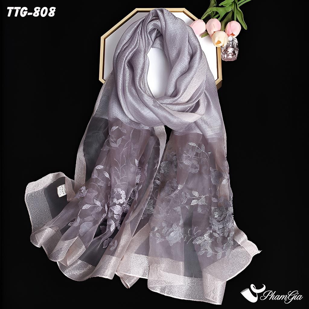 Góc Trên Khăn Choàng Tơ Tằm Gân Thêu Hoa Hải Quỳ Cao Cấp Màu Xám Ghi