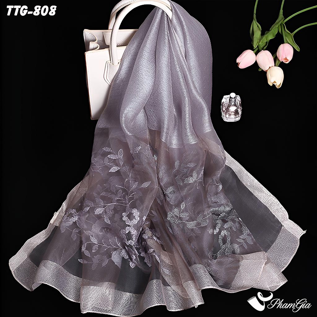 Khăn Choàng Tơ Tằm Gân Thêu Hoa Hải Quỳ Cao Cấp Màu Xám Ghi
