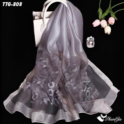 Khăn Choàng Tơ Tằm Gân Thêu Hoa Hải Quỳ Cao Cấp Màu Xám Ghi