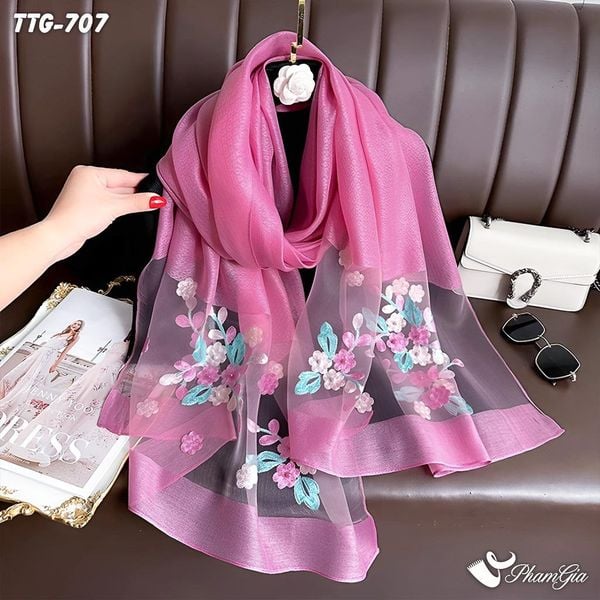 Khăn Choàng Tơ Tằm Gân Thêu Hoa Tuyết Mai Cao Cấp Màu Hồng Mận (TTG707)