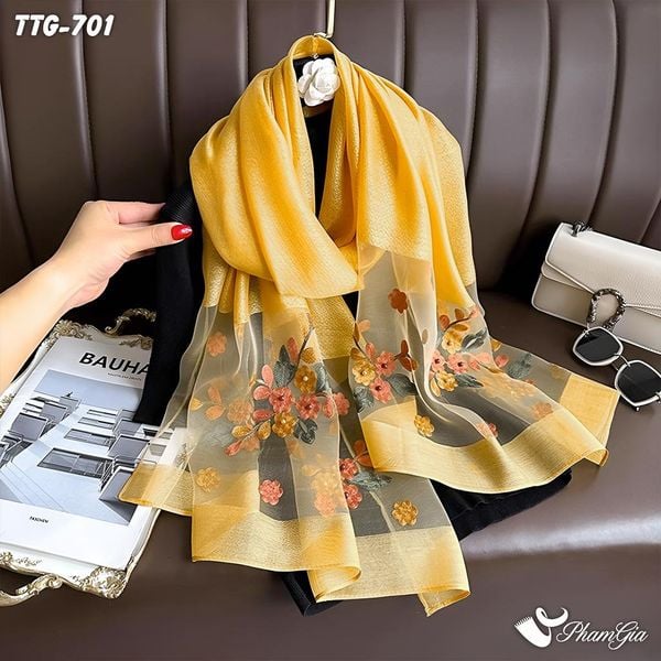 Khăn Choàng Tơ Tằm Gân Thêu Hoa Tuyết Mai Cao Cấp Màu Vàng Gold (TTG701)