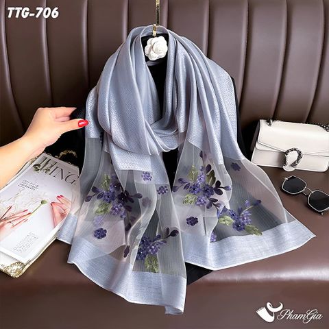 Khăn Choàng Tơ Tằm Gân Thêu Hoa Tuyết Mai Cao Cấp Màu Xám Khói