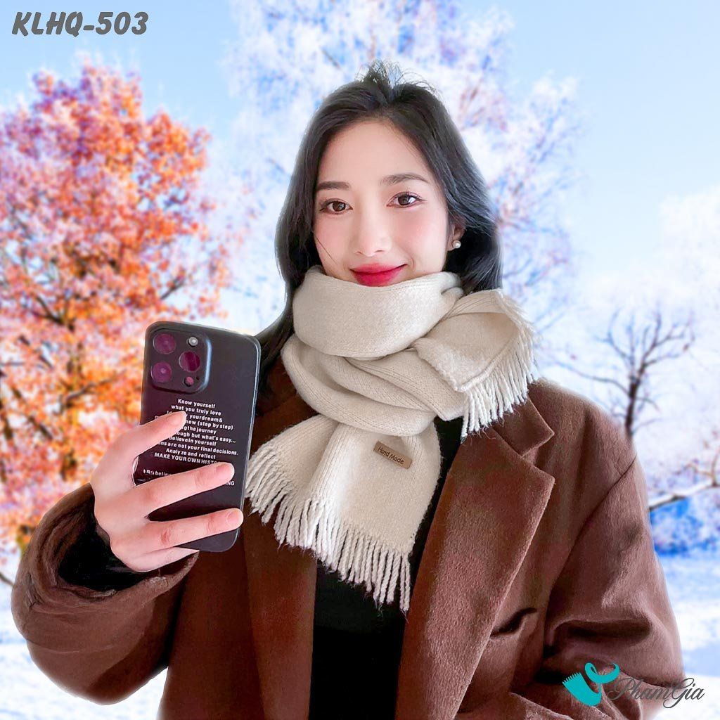 Khăn Len Giữ Ấm Phối Tua Rua Phong Cách Hàn Quốc Màu Beige (KLHQ503)