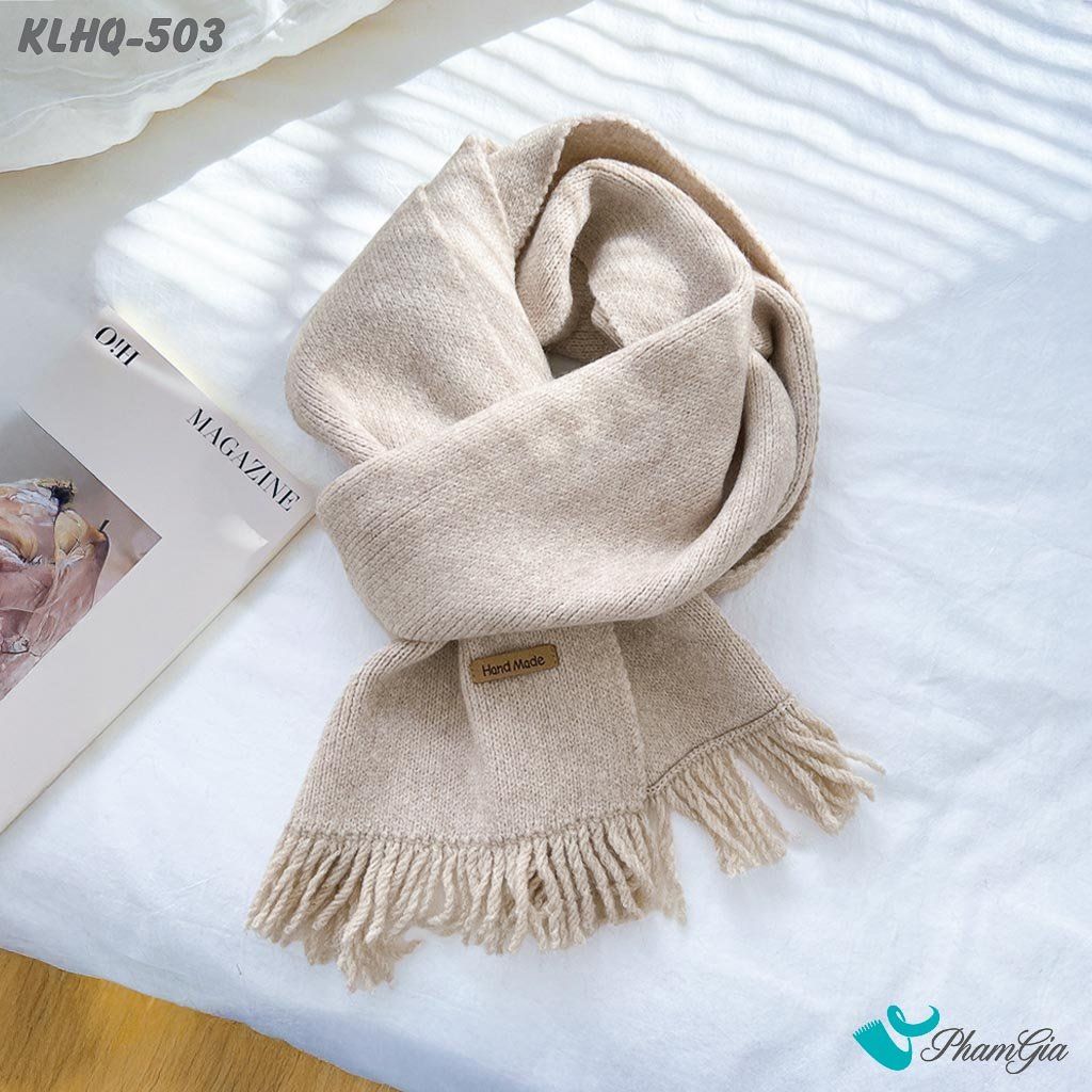 Khăn Len Giữ Ấm Phối Tua Rua Phong Cách Hàn Quốc Màu Beige (KLHQ503)