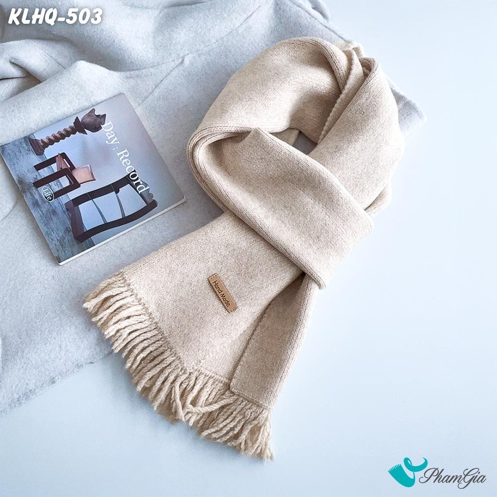 Khăn Len Giữ Ấm Phối Tua Rua Phong Cách Hàn Quốc Màu Beige (KLHQ503)