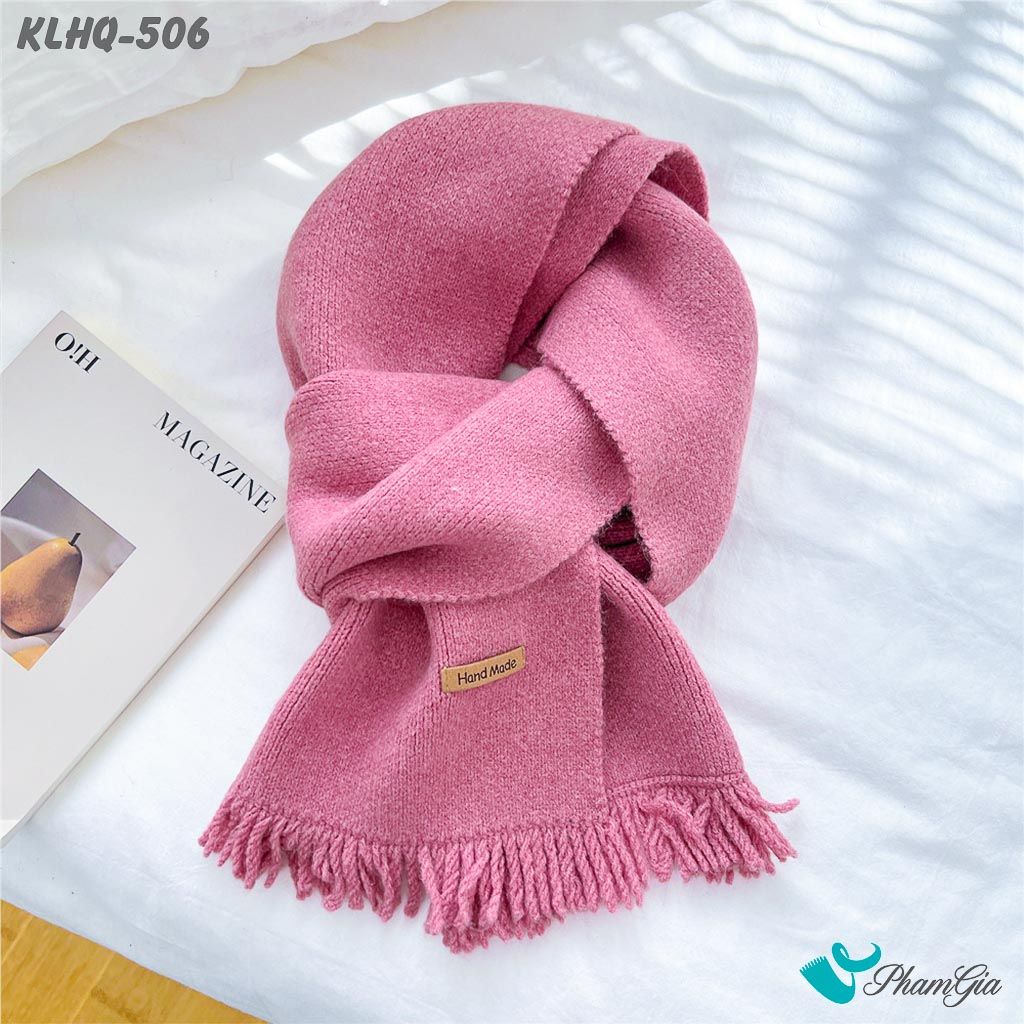 Khăn Len Giữ Ấm Phối Tua Rua Phong Cách Hàn Quốc Màu Hồng Ruốc (KLHQ506)