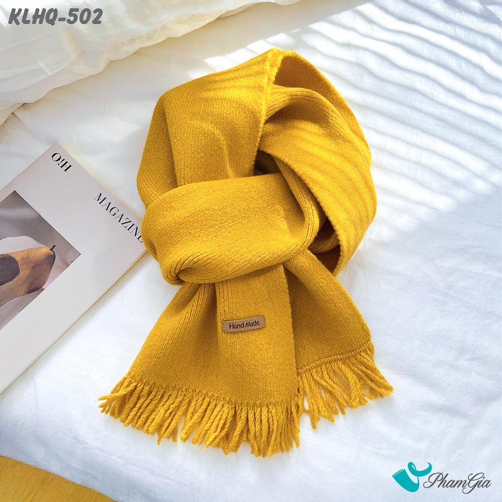 Khăn Len Giữ Ấm Phối Tua Rua Phong Cách Hàn Quốc Màu Vàng Nghệ (KLHQ502)