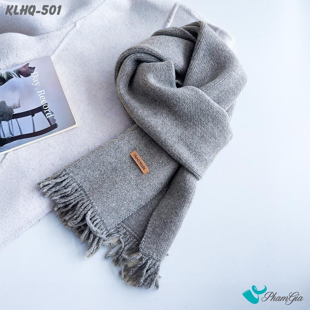Khăn Len Giữ Ấm Phối Tua Rua Phong Cách Hàn Quốc Màu Xám Ghi (KLHQ501)