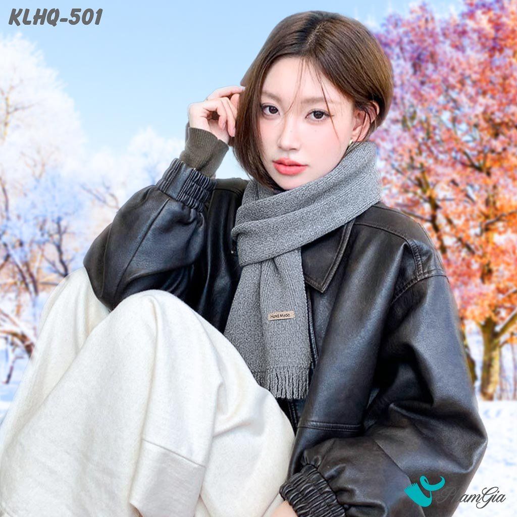 Khăn Len Giữ Ấm Phối Tua Rua Phong Cách Hàn Quốc Màu Xám Ghi (KLHQ501)