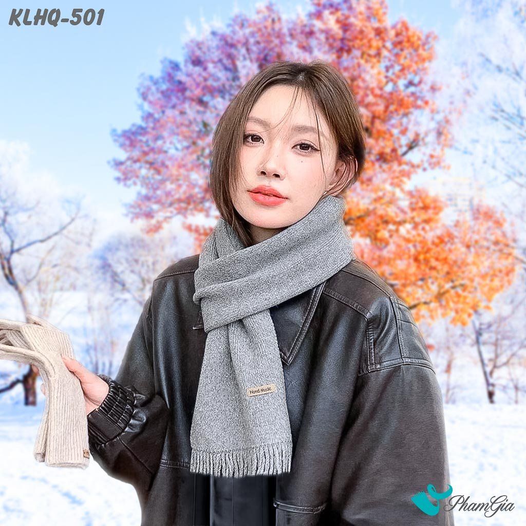 Khăn Len Giữ Ấm Phối Tua Rua Phong Cách Hàn Quốc Màu Xám Ghi (KLHQ501)